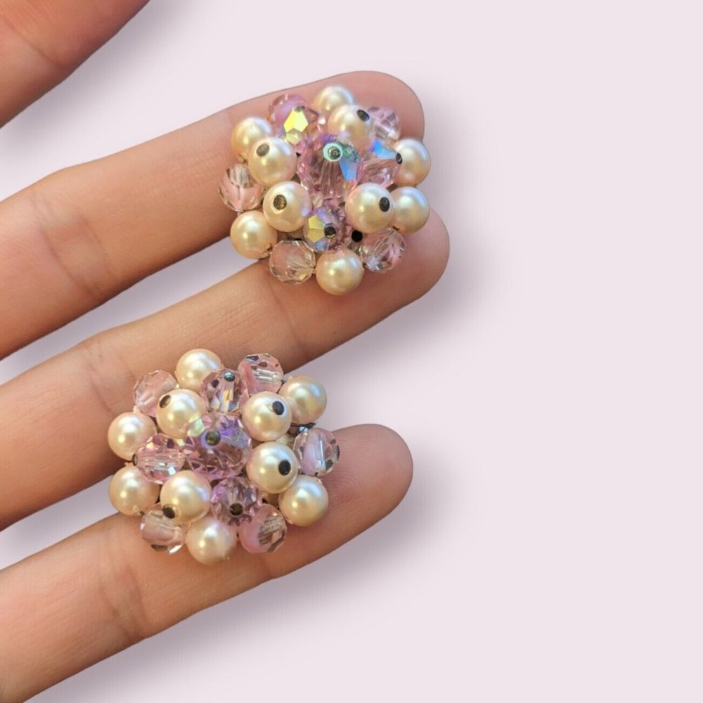Vintage Pink Crystal Beaded Cluster Earrings Faux Pearl Clip ons